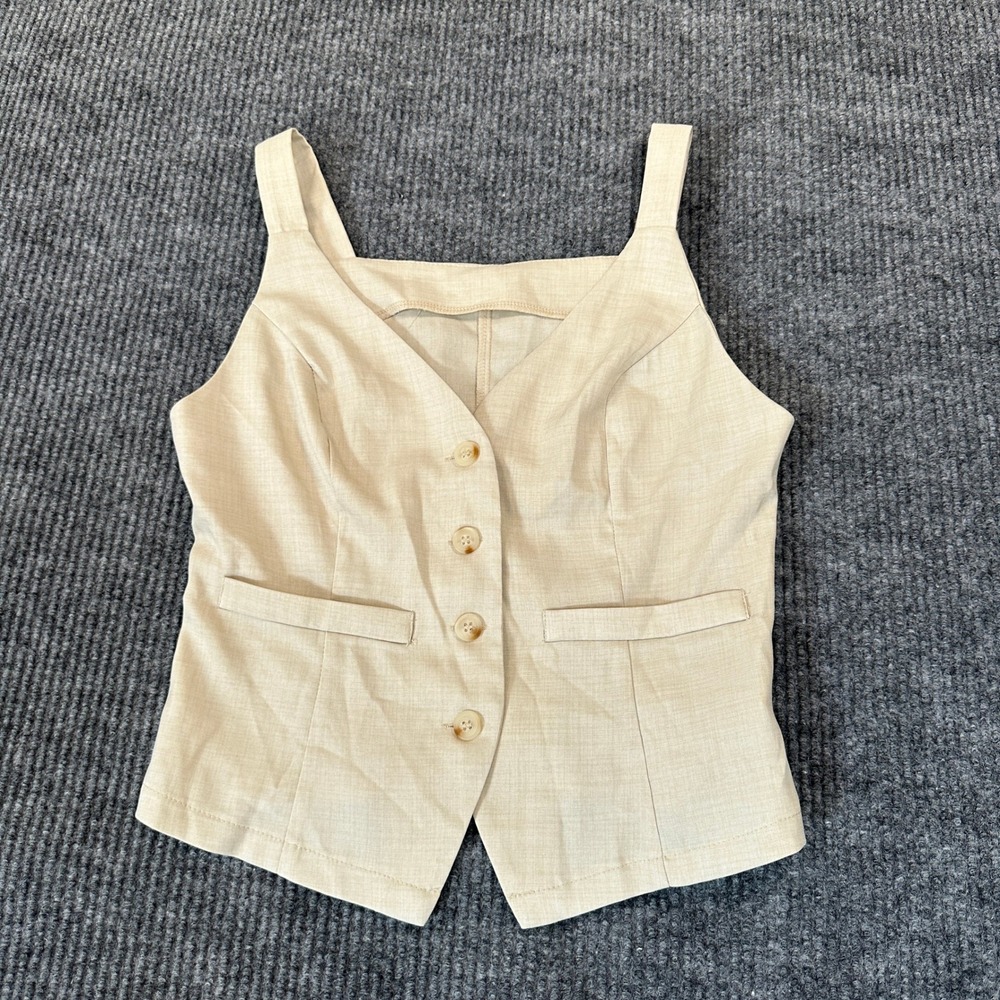 Shein Button Front‎ Tailored Vest Top Small Beige Linen Look Sleeveless